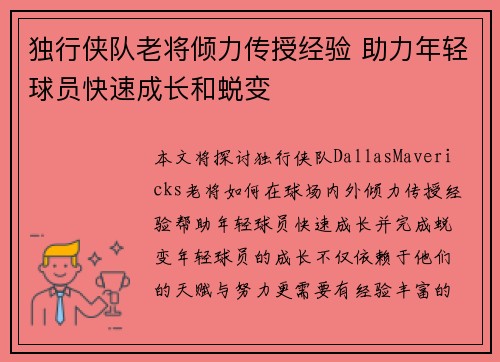 独行侠队老将倾力传授经验 助力年轻球员快速成长和蜕变
