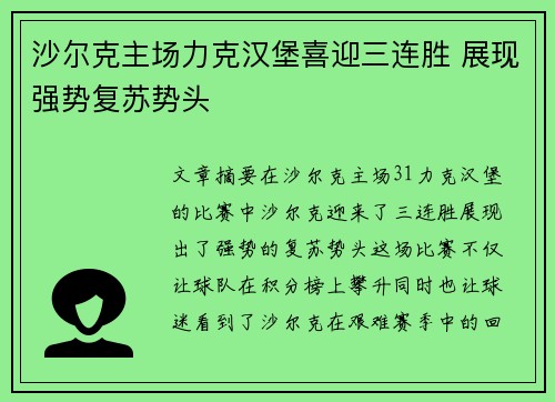 沙尔克主场力克汉堡喜迎三连胜 展现强势复苏势头