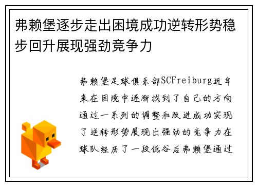弗赖堡逐步走出困境成功逆转形势稳步回升展现强劲竞争力