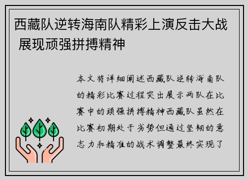 西藏队逆转海南队精彩上演反击大战 展现顽强拼搏精神