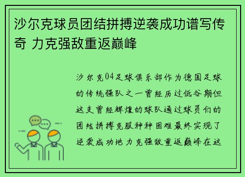 沙尔克球员团结拼搏逆袭成功谱写传奇 力克强敌重返巅峰