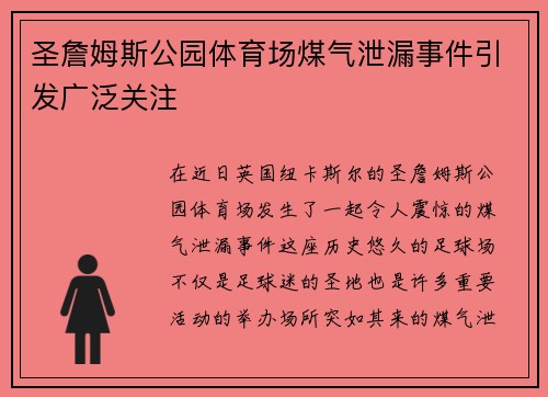 圣詹姆斯公园体育场煤气泄漏事件引发广泛关注