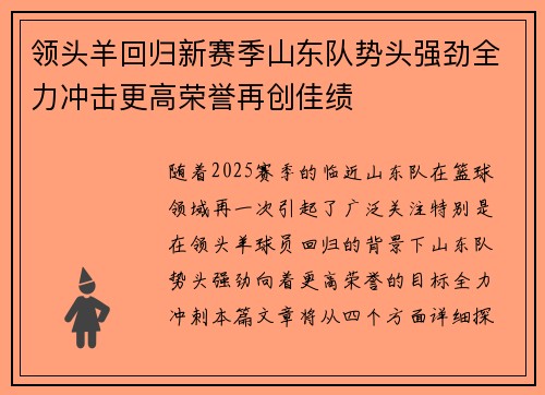 领头羊回归新赛季山东队势头强劲全力冲击更高荣誉再创佳绩
