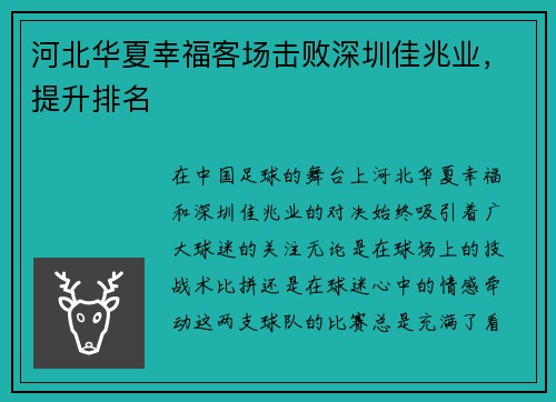 河北华夏幸福客场击败深圳佳兆业，提升排名