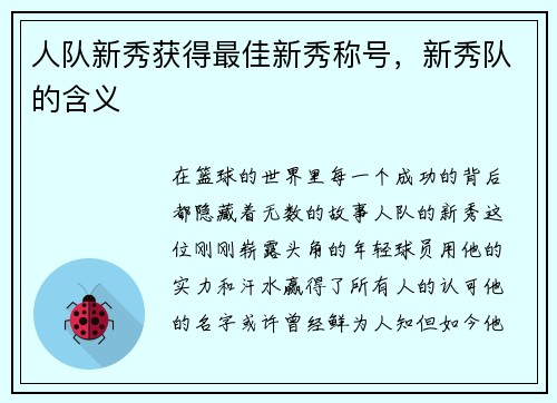 人队新秀获得最佳新秀称号，新秀队的含义