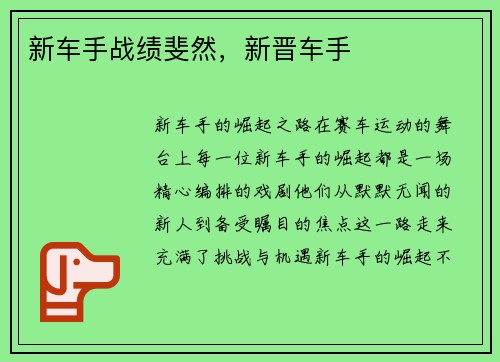 新车手战绩斐然，新晋车手