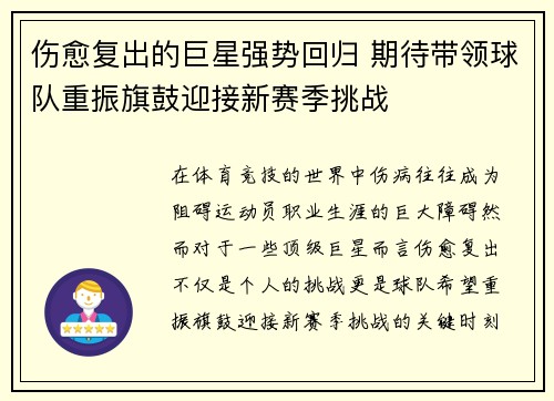 伤愈复出的巨星强势回归 期待带领球队重振旗鼓迎接新赛季挑战